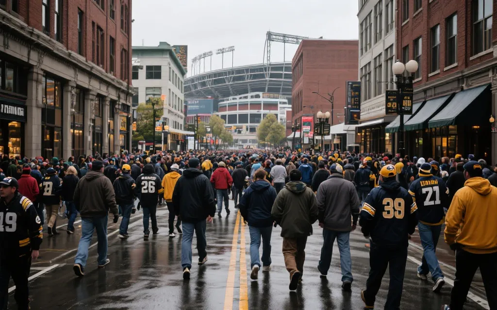 比赛日球迷步行前往球场的城市街道场景