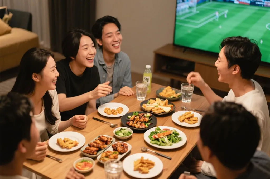 观赛夜聚会桌面：小份拼盘、蔬菜条、烤鸡翅替代炸物、旁边放着水和电解质饮