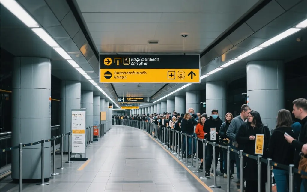 纽约地铁站内临时指示牌与单向人流隔离设施