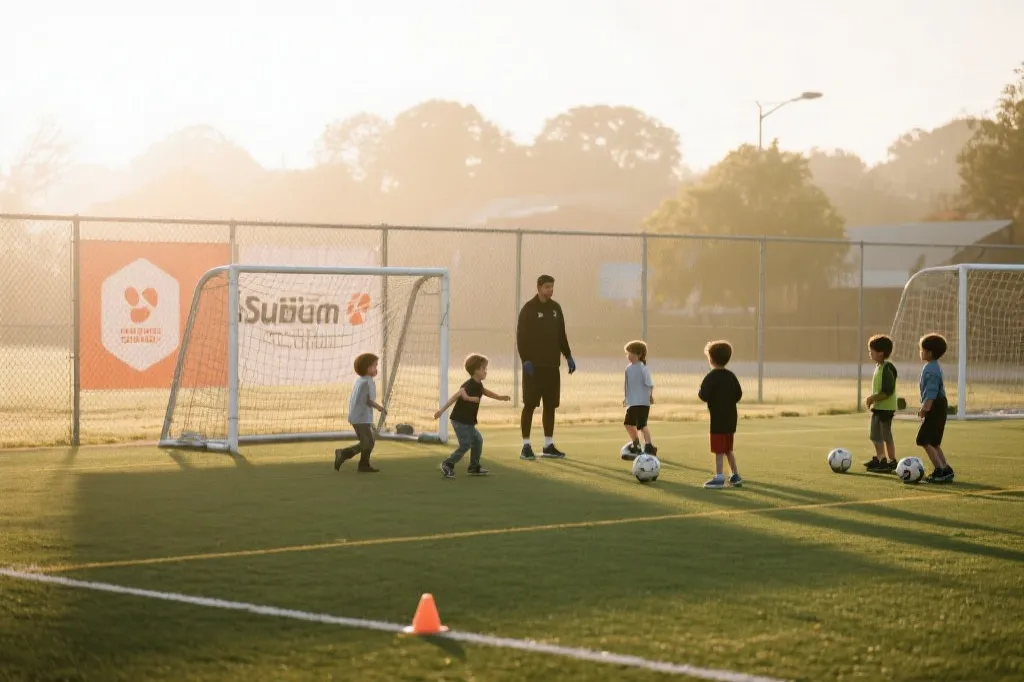 社区足球训练场与广告围挡的融合场景，体现赞助与青训联动