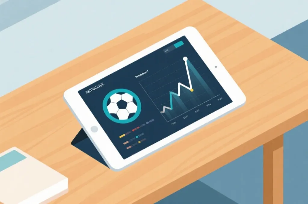 A clean modern flat illustration showing a digital tablet on a wooden desk displaying network speed charts and a generic soccer ball icon, tech-focused, editorial style