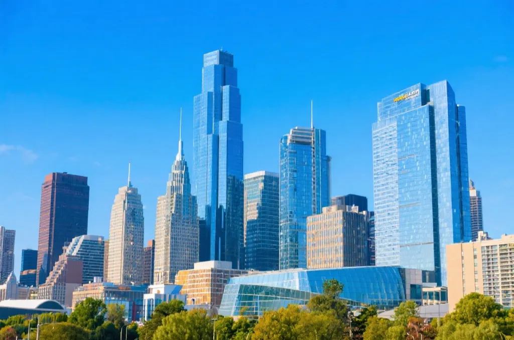 A vibrant modern city skyline representing a North American host city with clear blue sky and sleek buildings