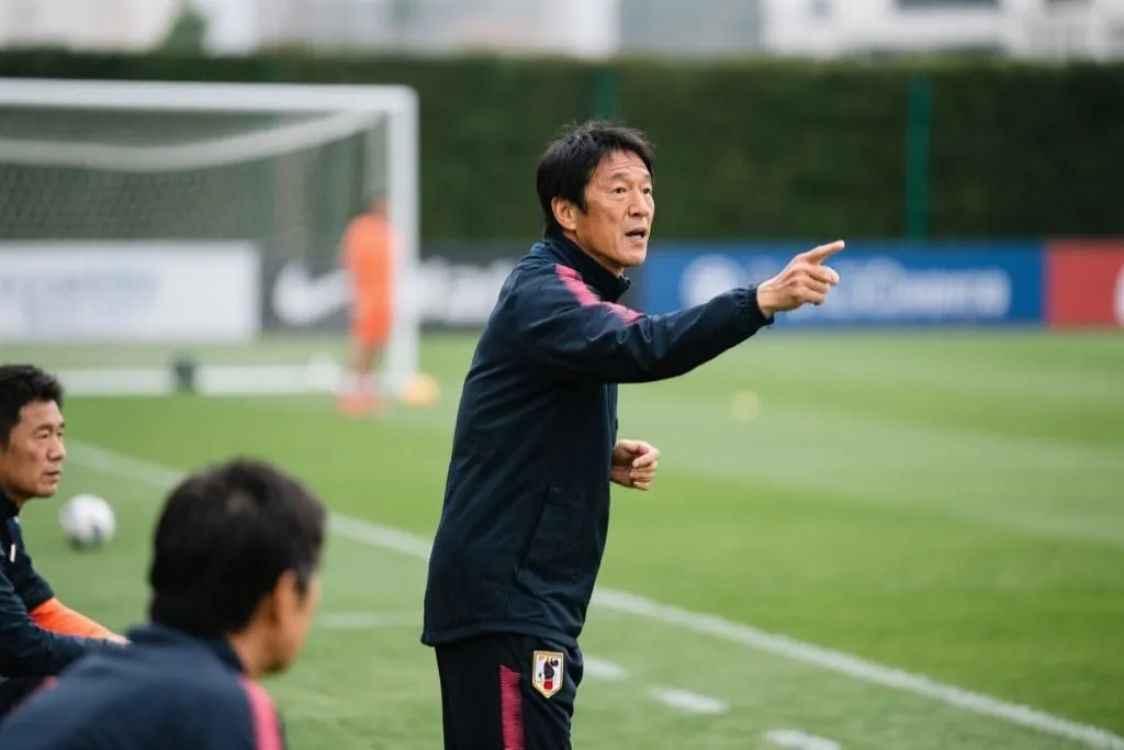 日本队主帅森保一在训练场边指导球员